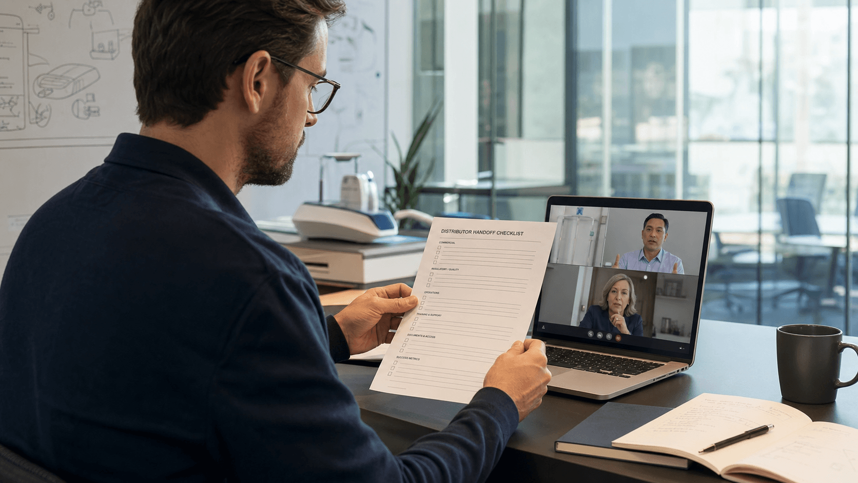 Founder reviews a distributor handoff checklist while a partner prepares to explain a medical device in a customer conversation.