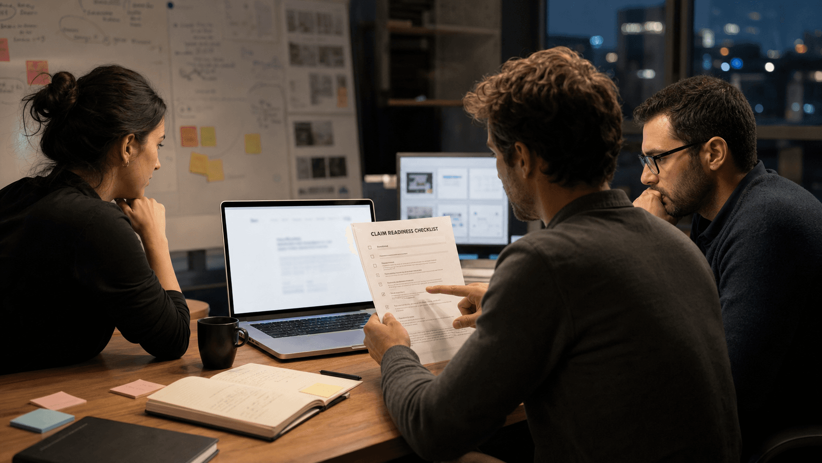 Founder team reviews a medical-device website preview and claim-readiness checklist before publishing public product language.